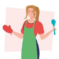 Mujer cocinando con delantal con cuchara y guante, en fondo blanco. vector