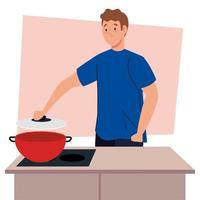 man cooking with pot on kitchen scene vector