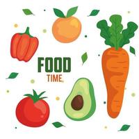 Banner con tiempo de comida verduras y frutas, concepto de comida sana vector