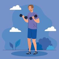 man doing exercises with dumbbells outdoor, sport recreation exercise vector