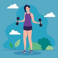 woman doing exercises with dumbbells outdoor, sport recreation exercise vector