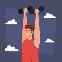 man doing exercises with dumbbells outdoor, sport recreation vector