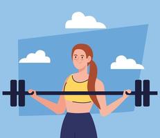 woman doing exercises with weight bar outdoor, sport recreation exercise vector