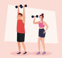 couple doing exercises with dumbbells, sport recreation exercise vector