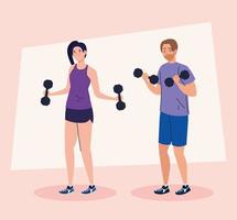 young couple doing exercises with dumbbells, sport recreation exercise vector