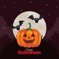 happy halloween banner with pumpkin, bats flying and moon in dark night vector