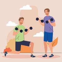 hombres haciendo ejercicios con pesas, ejercicio de recreación deportiva vector