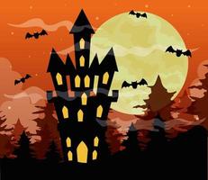 happy halloween background with castle haunted, bats flying and full moon on orange sky vector