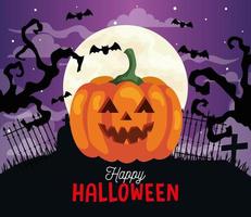 happy halloween background with pumpkin, dry trees, bats flying and full moon vector