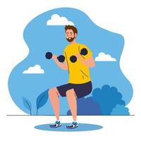 young man doing exercises with dumbbells outdoor, sport recreation concept vector