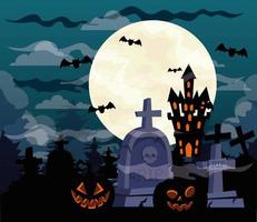 happy halloween background with pumpkins, castle haunted and cemetery tombstones vector