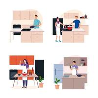 Establecer escenas de jóvenes cocinando en escenas de cocina. vector