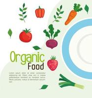 Banner con alimentos orgánicos, frutas y verduras, concepto de comida sana