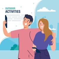 banner, couple performing leisure outdoor activities, happy couple are take selfie