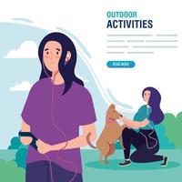 banner, women performing leisure outdoor activities, women with dog pet vector