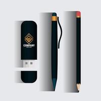 maqueta de marca de identidad corporativa, usb y lápices maqueta negra con letrero dorado vector