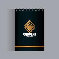 maqueta de marca de identidad corporativa, maqueta de cuaderno negro con letrero dorado vector