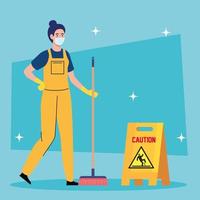 woman cleaning worker wearing medical mask with equipment, woman janitor wearing medical mask with broom and signage caution vector