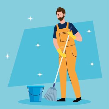man cleaning worker with mop and bucket, man janitor with mop and bucket vector