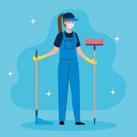 woman cleaning worker wearing medical mask with equipments, woman janitor wearing medical mask with broom and housekeeping picker vector