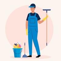 man cleaning worker with bucket and tools, man janitor bucket and tools vector