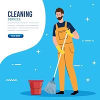 banner, man cleaning worker with mop and bucket, man janitor with mop and bucket vector