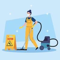 woman cleaning worker wearing medical mask with vacuum cleaner, woman janitor wearing medical mask with vacuum cleaner and signage caution vector