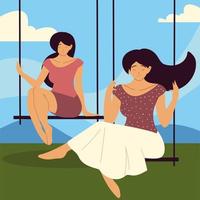 women sitting on swing vector