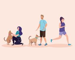 Grupo de personas haciendo actividades, mujer corriendo y pareja con perros. vector