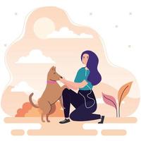 banner, mujer realizando actividades de ocio al aire libre, mujer con perro mascota vector