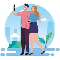 couple performing leisure outdoor activities, happy couple are take selfie vector