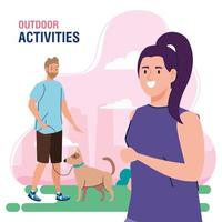 banner, couple performing leisure outdoor activities, woman walk with dogs vector