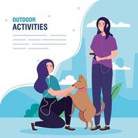 banner, women performing leisure outdoor activities, women with dog pet vector