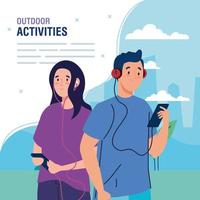 pancarta, pareja realizando actividades de ocio al aire libre, pareja usando auriculares y teléfonos inteligentes vector