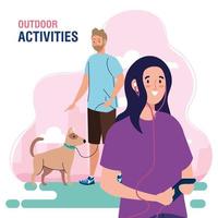 banner, couple performing leisure outdoor activities, walk with dogs and using headphones and smartphone vector