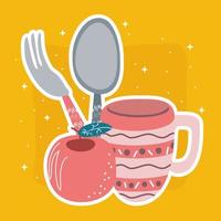 cup, apple and cutlery vector