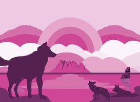 silhouette of wolves, pink landscape vector