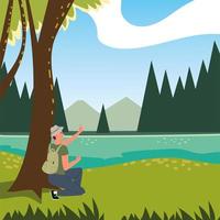 man in forest with trees vector