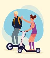 couple having fun with electric scooter vector