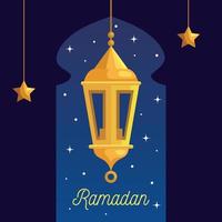 cartel de ramadan kareem con linterna y estrellas colgando vector