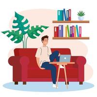 home working, freelancer young man with laptop on sofa, working from home in relaxed pace, convenient workplace vector