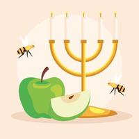 celebración de rosh hashaná, año nuevo judío, con candelabros, manzanas y abejas volando vector