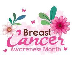 símbolo del mes mundial de concientización sobre el cáncer de mama en octubre con flores, hojas y mariposas vector