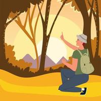 man in the forest sunset vector