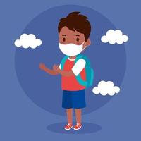 cute boy wearing medical mask to prevent coronavirus covid 19 with school bag, student boy wearing protective medical mask with school bag vector