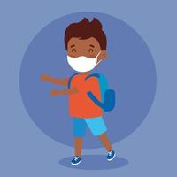 cute boy wearing medical mask to prevent coronavirus covid 19 with school bag, student boy wearing protective medical mask with school bag vector