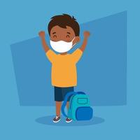 cute boy wearing medical mask to prevent coronavirus covid 19 with school bag, student boy wearing protective medical mask with school bag vector