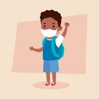 cute boy wearing medical mask to prevent coronavirus covid 19 with school bag, student boy wearing protective medical mask with school bag vector