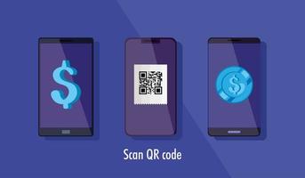 set smartphones with scan code qr and icons vector