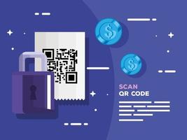 scan qr code in voucher paper with padlock and coins vector